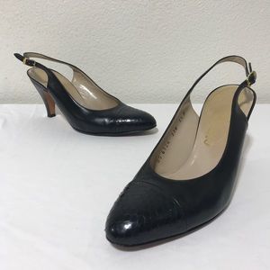 Ferragamo 7.5 black slingback snake pointed heels